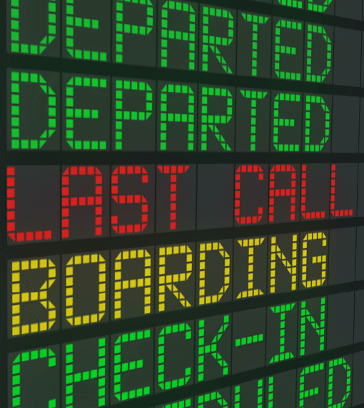 Last call airport table sign, international flight departures schedule status