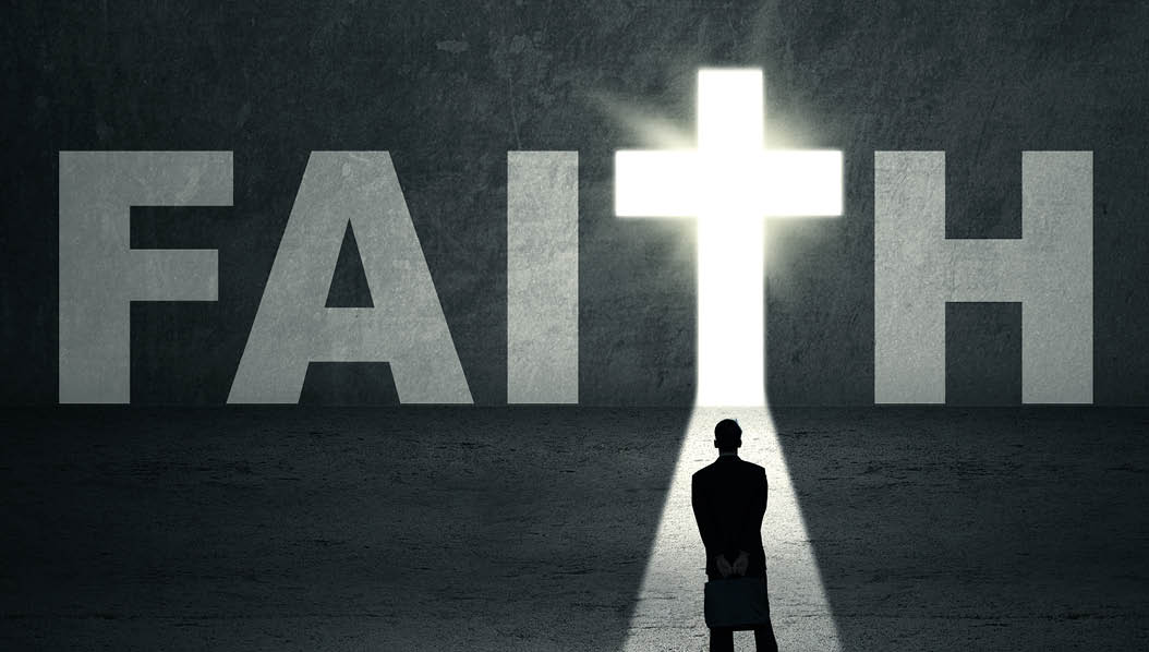 Rear view of young businessman looking at faith door