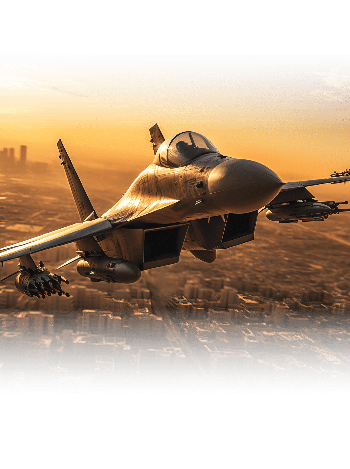 Military plane over modern city during a sunset, war and fighting concept