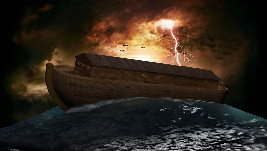 Noah's Ark riding on a swell after the Great Flood