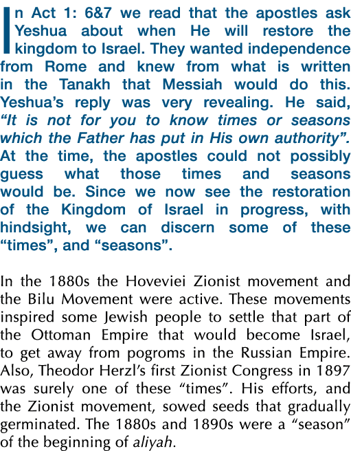 In Act 1: 6&7 we read that the apostles ask Yeshua about when He will restore the kingdom to Israel. They wanted inde...