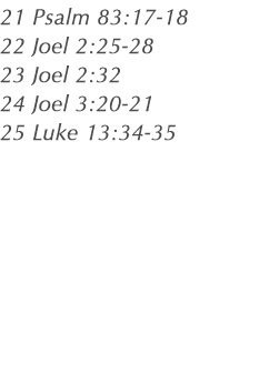 21 Psalm 83:17 18 22 Joel 2:25 28 23 Joel 2:32 24 Joel 3:20 21 25 Luke 13:34 35