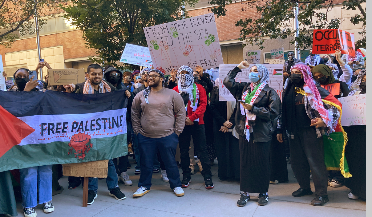 New York NY USA-October 13, 2023 Baruch College and other CUNY students and their supporters rally and march. The protest was part of the Day of Rage called for by Hamas