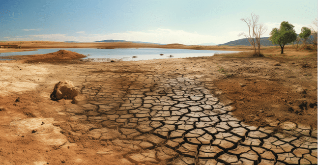 A painting depicting a dry landscape with cracked earth, sparse vegetation, and a lake visible in the distance. The scene conveys the effects of a drought on the environment, with the lake drying up and temporary rivers turning to mud.
