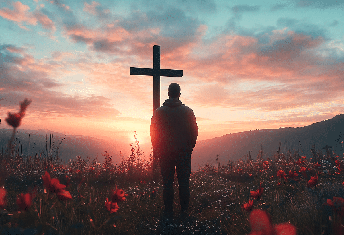 A man stands alone in a field of red flowers, looking at the sunset. AI generated content