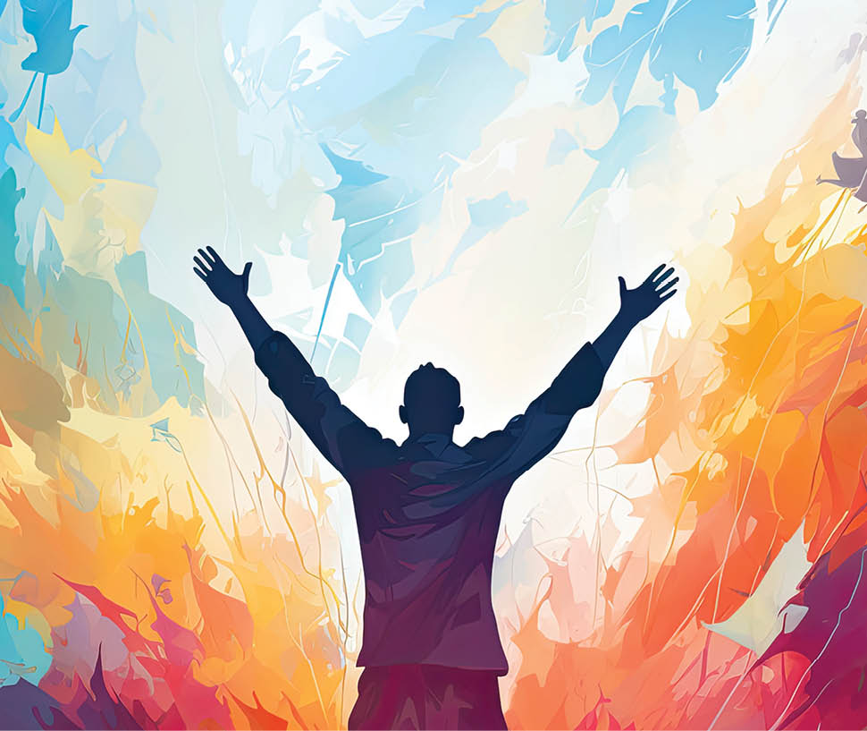 A man with his arms raised in a painting. AI generated content