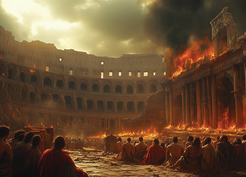 A painting of a group of people sitting in front of a building with a fire in the background. AI generated content