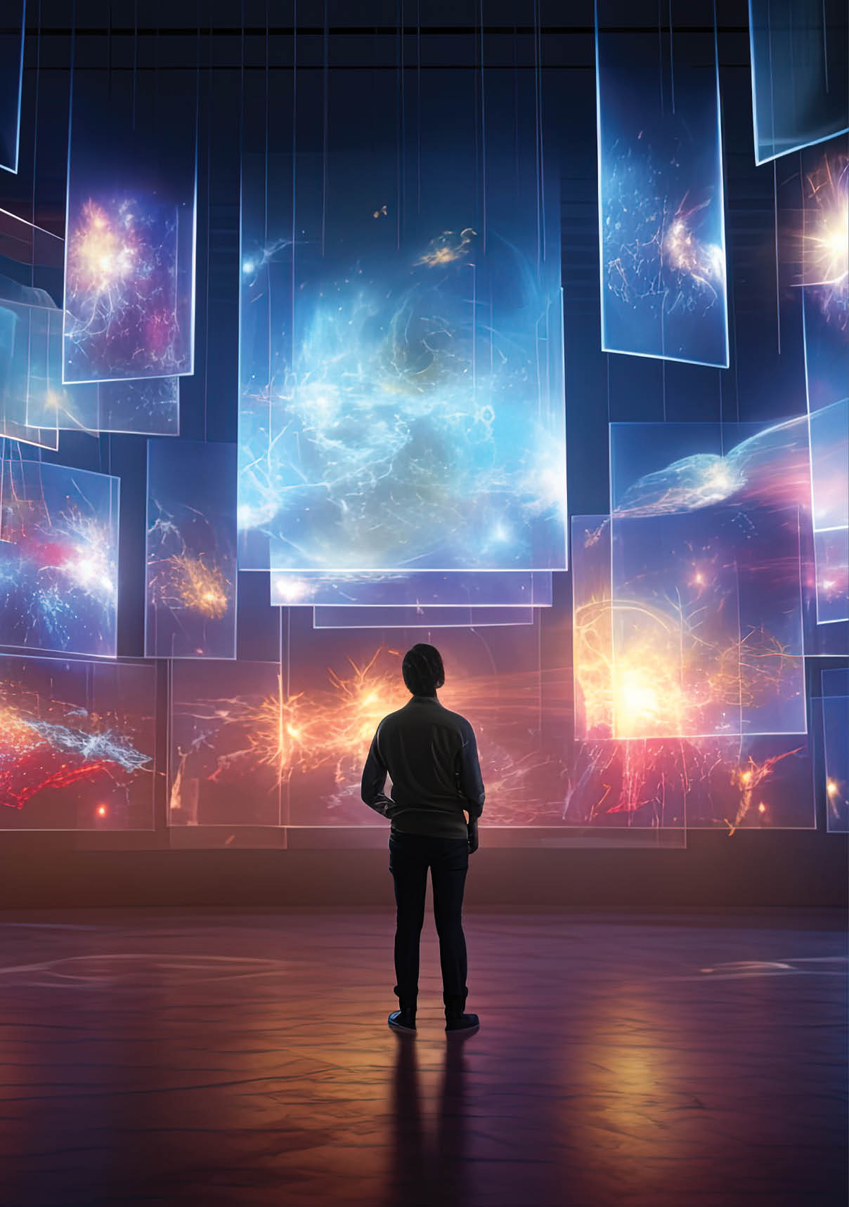 A man stands in a room with a large display of colorful images on the walls. AI generated content