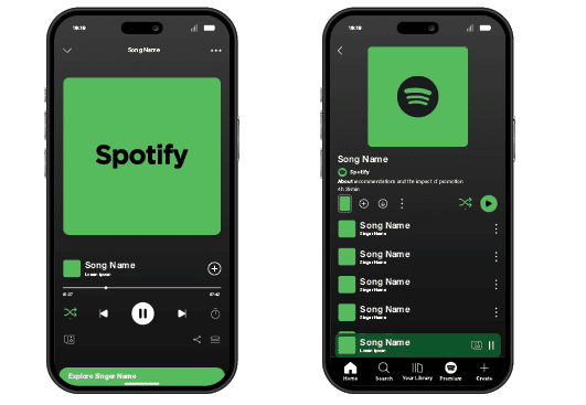 Two cell phones are shown, one with Spotify and the other with SoundCloud. AI generated content
