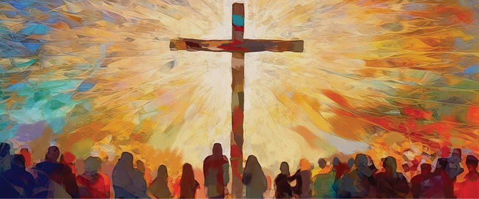 A painting of a cross with a group of people standing around it. AI generated content