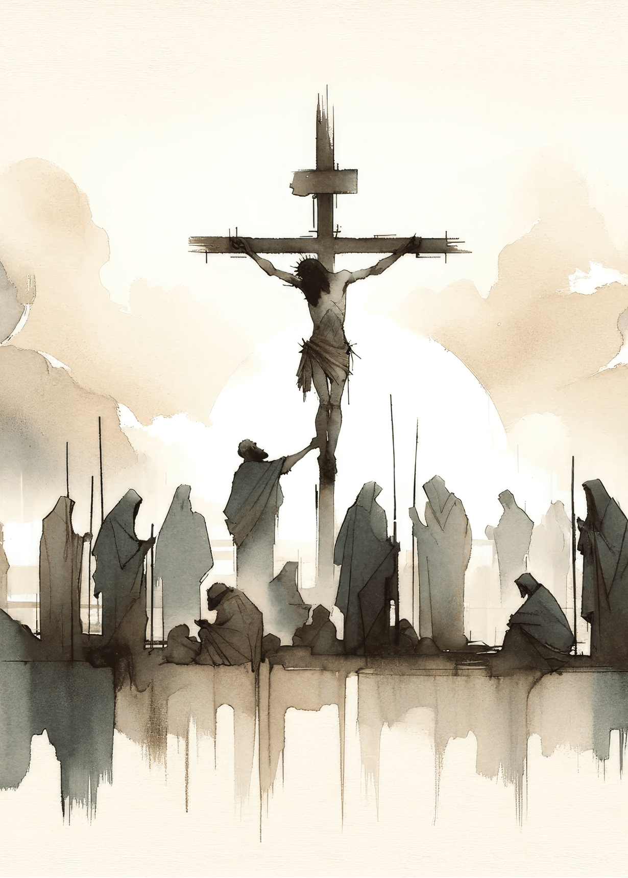 A painting of a cross with people around it. AI generated content