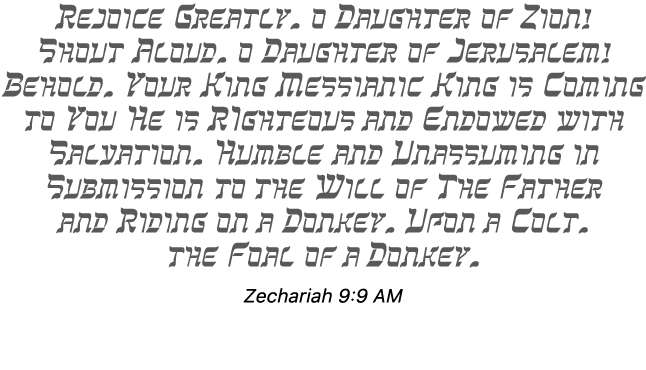 Rejoice greatly, O Daughter of Zion! Shout aloud, O Daughter of Jerusalem! Behold, your King Messianic King is coming...