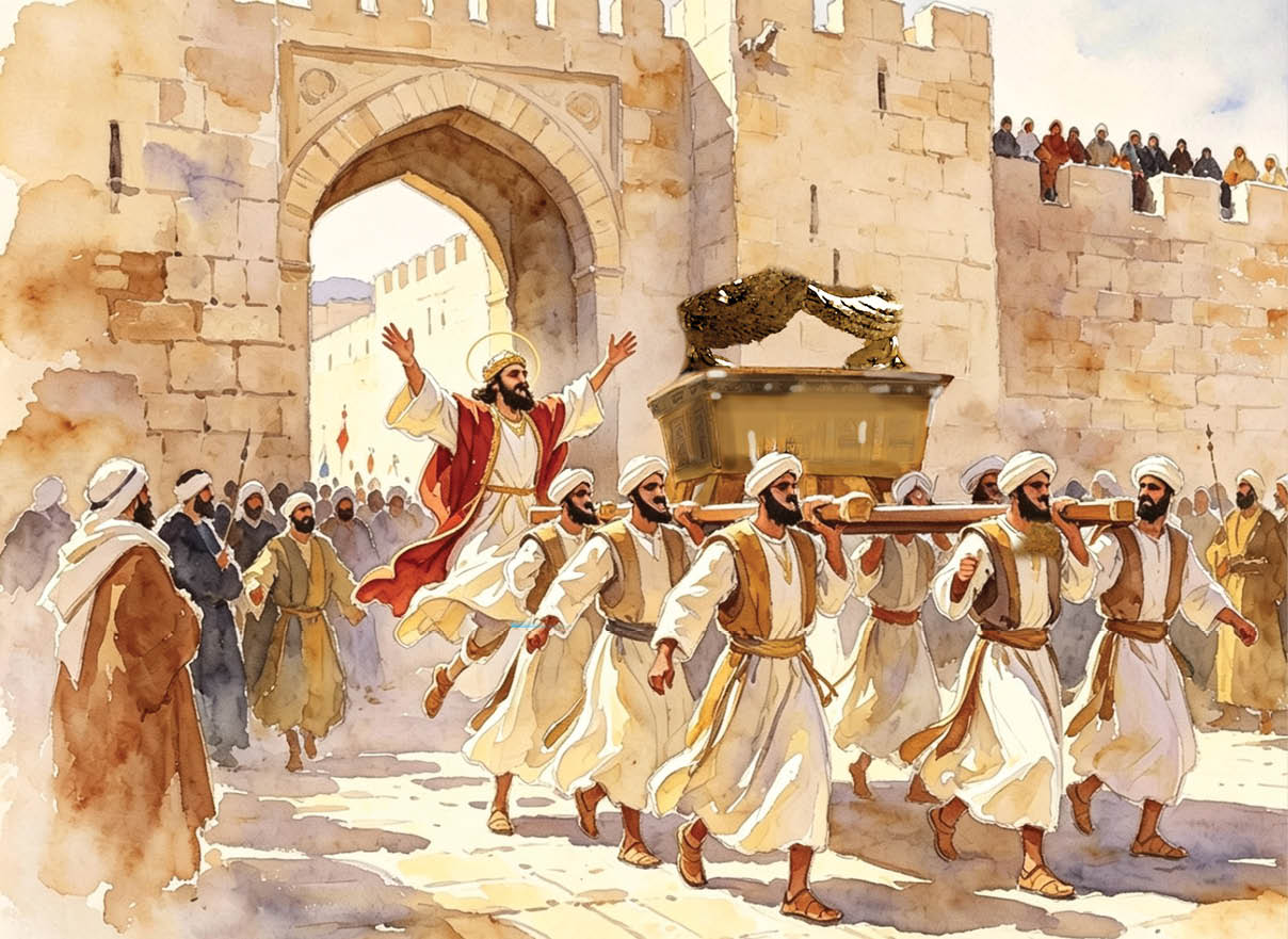 A painting of a cross with a group of people standing around it. AI generated content